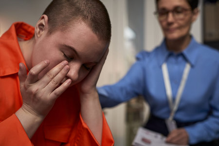Caucasian young adult woman wearing prison uniform sitting with head in hands, showing distress while middle aged Caucasian woman in uniform standing nearby offering supportの写真素材