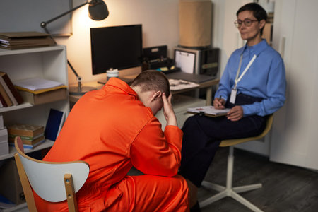 Caucasian young adult man wearing prison uniform, sitting with head in hands in front of middle aged...