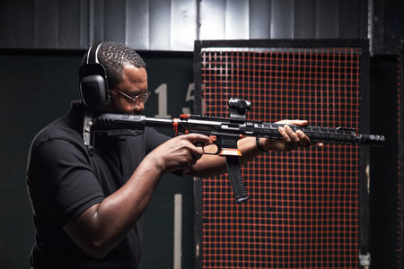 Black middle aged man aiming rifle at indoor shooting range, wearing protective earmuffs, participating in sports activity, focusing on target with hands gripping firearmの写真素材