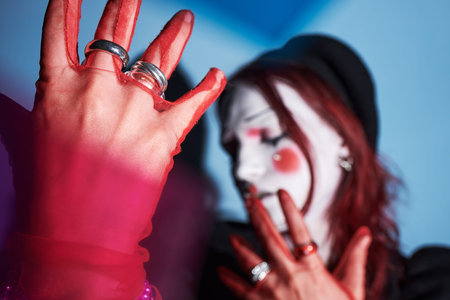 Caucasian teenager girl with creative makeup and red hair wearing sheer gloves posing with hand near...
