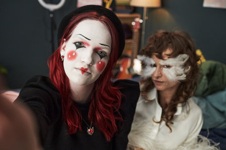 Portrait of Caucasian teenager girl with red hair and mime makeup taking selfie with multiethnic teenager girl, wearing feather mask sitting together in creative home settingの写真素材