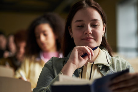 Portrait of Caucasian young woman sitting in university classroom holding pen and reading textbook with thoughtful expression, other students studying in backgroundの写真素材