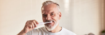 Portrait of senior Caucasian man brushing teeth with electric toothbrush, smiling and maintaining...