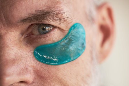 Senior Caucasian man applying blue hydrogel eye patch under eye focusing on skincare routine closeup, showing facial detail and texture emphasizing beauty and self careの写真素材