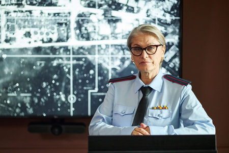 Portrait of senior Caucasian woman in police uniform standing at podium with serious expression,...