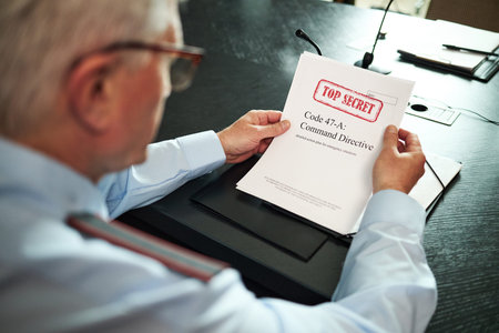 Senior Caucasian man reading classified document marked top secret at conference table, holding paper with both hands, wearing glasses, participating in confidential political meetingの写真素材