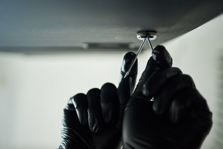 Hands of male burglar wearing black gloves picking lock on safe in office, to steal confidential...