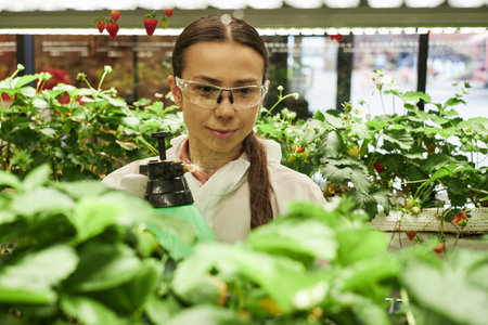 Portrait of young Caucasian woman wearing protective glasses tending strawberry plants in greenhouse, holding spray bottle while carefully inspecting leaves and fruit among lush greeneryの写真素材