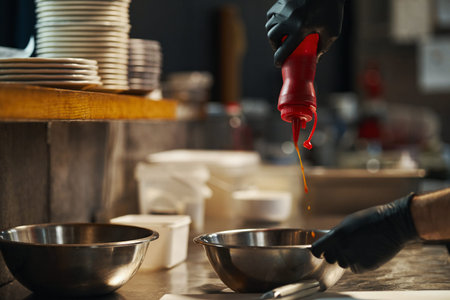 Caucasian young adult man wearing black gloves pouring sauce from plastic bottle into metal bowl in commercial kitchen, preparing food with focus on hands and utensilsの写真素材