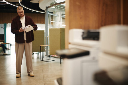 Caucasian young man standing in modern office holding documents and reading papers near printer,...
