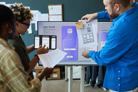 Multiethnic group of young adult men and women collaborating on mobile app interface design,...
