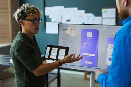 Young adult Caucasian man presenting mobile app interface design to colleague, holding tablet and...