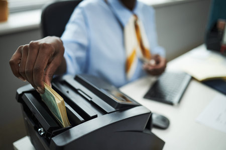 Hand of bank worker processing stack of cash using bill counting machine in office, hand inserting...
