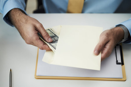 Hands of male bank worker placing stack of US dollar bills into envelope while sitting at desk in...