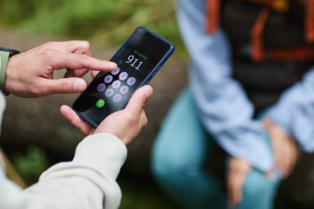 Young adult Caucasian man holding smartphone dialing emergency number 911 outdoors while sitting...