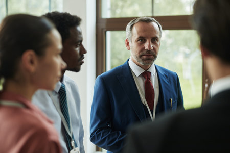 Middle aged Caucasian man in suit standing among diverse group of professionals, listening...