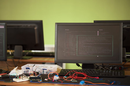 Closeup showing desktop computer monitor displaying programming code with electronic components and...