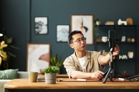 Asian young adult man adjusting microphone on desk while preparing for recording session in modern...