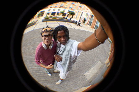 Portrait of Caucasian teenager boy with glasses and headphones standing next to Black friend with...