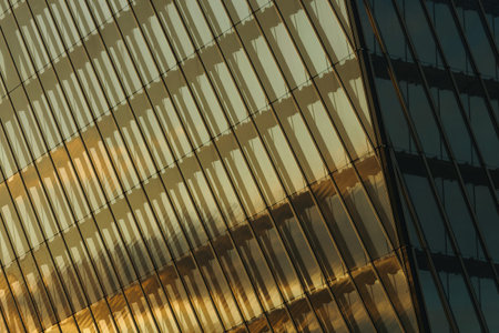 Modern glass building facade reflecting sky and clouds, showing geometric pattern of windows and...