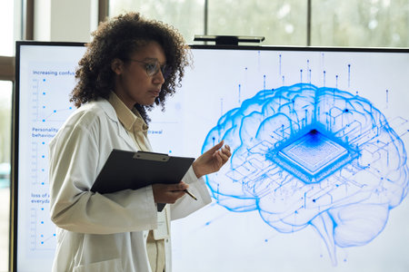 Young adult woman wearing lab coat presenting scientific neurology research, holding clipboard,...