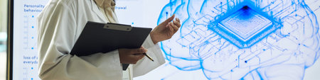 Middle aged Black woman wearing lab coat holding clipboard and pen standing in front of digital...
