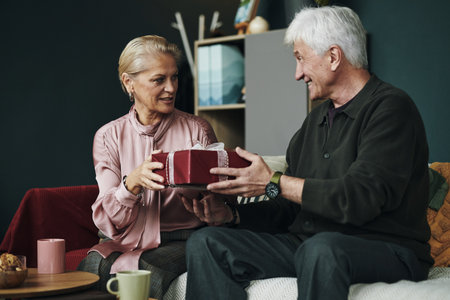 Senior Caucasian woman giving wrapped gift box to elderly man while sitting together on sofa, both smiling and making eye contact, sharing warm moment indoorsの写真素材