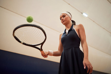 Young adult Caucasian woman practicing tennis indoors, holding racket and bouncing tennis ball, wearing headband and wristband, focused expression, looking at tennis ballの写真素材