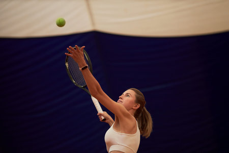 Caucasian young adult woman serving tennis ball during match, holding racket overhead and focusing on ball, athletic movement captured in indoor sports facility with blue backgroundの写真素材