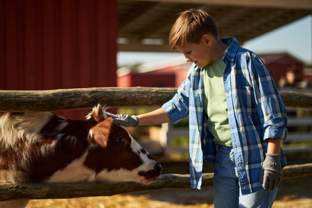Caucasian boy petting cow outdoors on farm, standing by wooden fence, wearing gloves, looking at animal with gentle expression, sunlight illuminating rural background structuresの写真素材