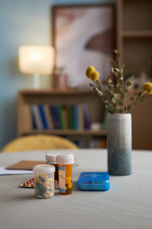Assorted prescription pill bottles, medication organizer, and blister pack arranged on table in home...