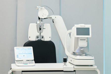Modern ophthalmology clinic showing automated eye examination equipment with empty patient chair,...