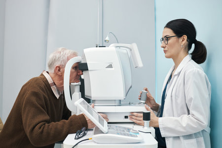 Senior Caucasian man undergoing eye examination with ophthalmic device operated by young adult...