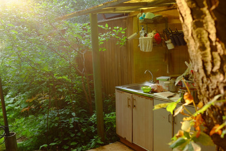 Outdoor kitchen sink area surrounded by lush green plants and trees, sunlight streaming through foliage, stainless steel sink with dishes and utensils, rustic wooden fence in backgroundの写真素材
