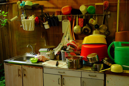 Kitchen sink area showing cluttered countertop with various pots, pans, bowls, utensils, and cleaning supplies, plastic containers and metal cookware stacked near stainless steel sinkの写真素材