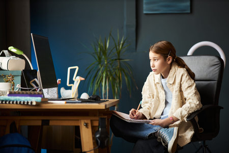 Caucasian girl sitting at desk writing in notebook while looking at computer monitor, long brown...