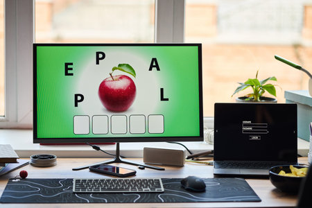 Modern workspace featuring computer monitor displaying word puzzle with apple image and scattered...