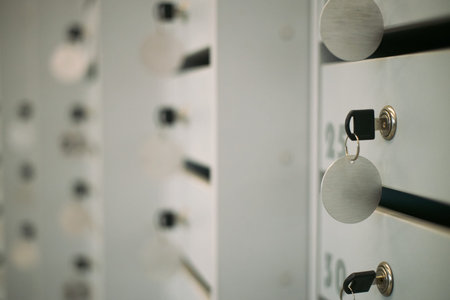 Closeup of metal key inserted into lock of numbered locker in business environment, showing secure storage solution with focus on key and lock mechanism, blurred backgroundの写真素材