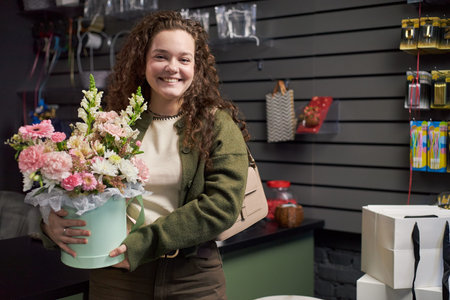 Young adult Caucasian woman smiling while holding large bouquet of assorted flowers in pastel...