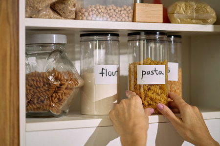 Caucasian woman organizing kitchen pantry, placing jar of pasta on shelf next to containers of flour and other dry goods, only hands and part of arms visible in close up viewの写真素材