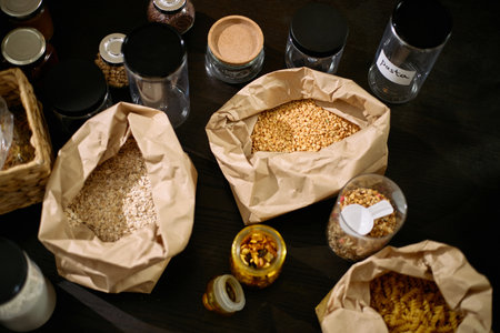 Assorted grains, seeds, and pasta stored in paper bags and glass jars arranged on dark surface, showing various dry food ingredients for cooking or meal preparation in kitchen settingの写真素材