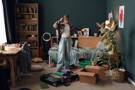 Caucasian teenage girl standing in messy bedroom packing suitcase and cardboard box, organizing clothes and personal items, surrounded by books and plants, appearing thoughtfulの写真素材