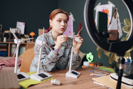 Portrait of Caucasian teenage girl recording educational video while assembling model wind turbines at desk in room, holding component and looking at smartphone mounted on ring lightの写真素材