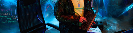 Header of young adult Caucasian man standing in dark room holding wireless keyboard, wearing...