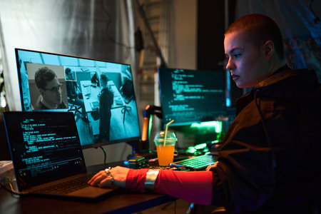 Young adult Caucasian woman with short hair sitting at desk working on multiple computers, monitoring surveillance footage and writing code, focused on cybersecurity activityの写真素材