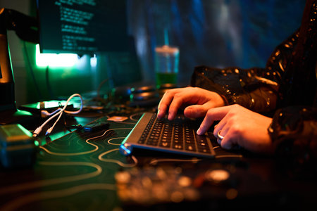 Hands of young man typing on computer keyboard with programming code on monitor, sitting at desk in...
