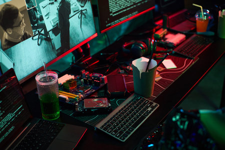 Closeup of hacker workspace showing multiple monitors with code and surveillance footage, open...