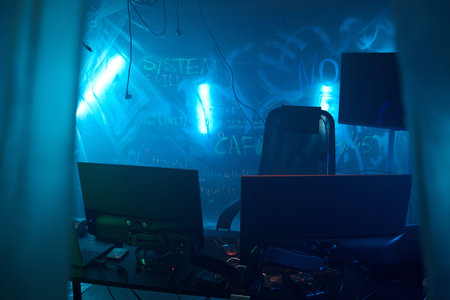 Empty office chair surrounded by multiple computer monitors and laptops, in dark room with blue neon lights and graffiti on wall, suggesting hacker workspace or cybercrime sceneの写真素材
