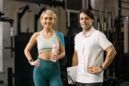Caucasian young adult woman standing with water bottle and kinesiology tape on shoulder next to Caucasian young adult man holding clipboard in rehabilitation gym setting, both smilingの写真素材