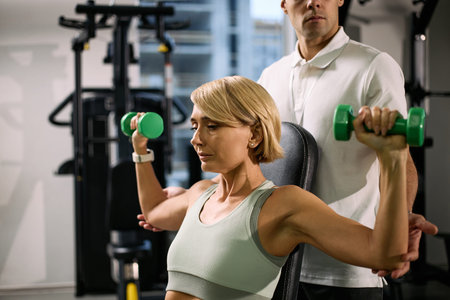 Caucasian young adult woman performing shoulder exercises with dumbbells during physical therapy...